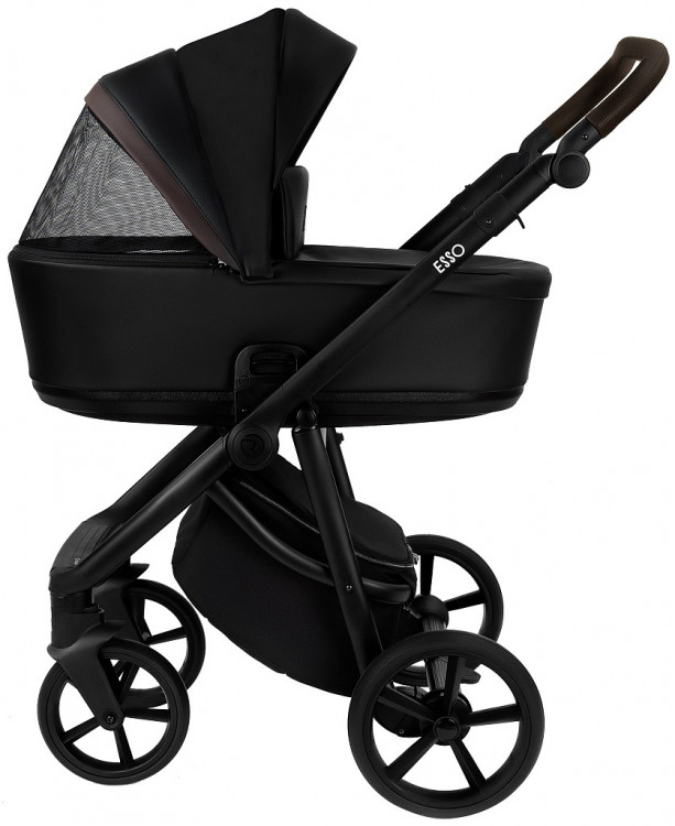 Детская коляска Roan Esso Кожа 3 в 1 с автокреслом Pituso Santiso Pro ESSK/210/1 Black /Black/руч.Тем.коричневый